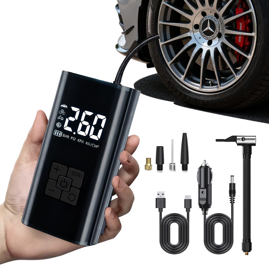 타이어 공기압 주입기 휴대용 무선 올인원 세트 6000mAh 타이어 압력 모니터링/led손전등/보조배터리/자동차 농구공 자전거 오토바이 다용도에어펌프
